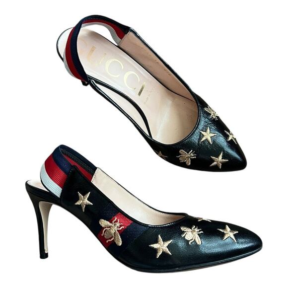 Gucci Heels Sylvie Web Bee Accent Leather Slip On Slingback Round Toe Pumps Shoe - Picture 1 of 11